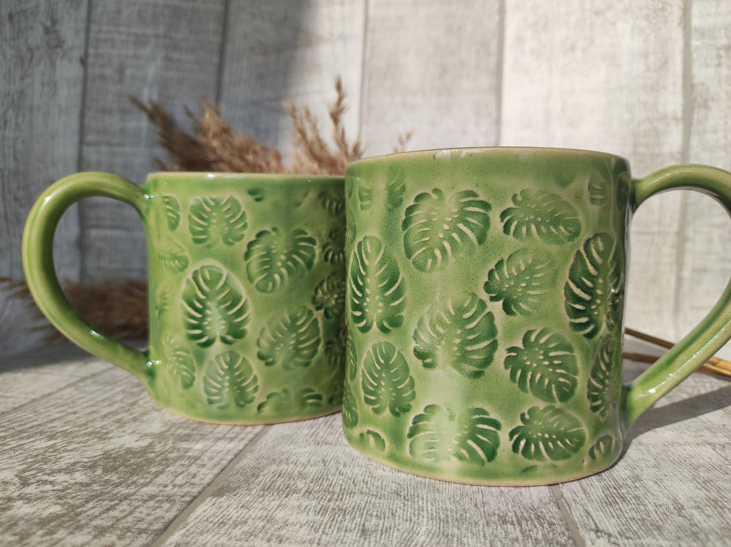 Handmade Green Monstera plant mug, 350ml