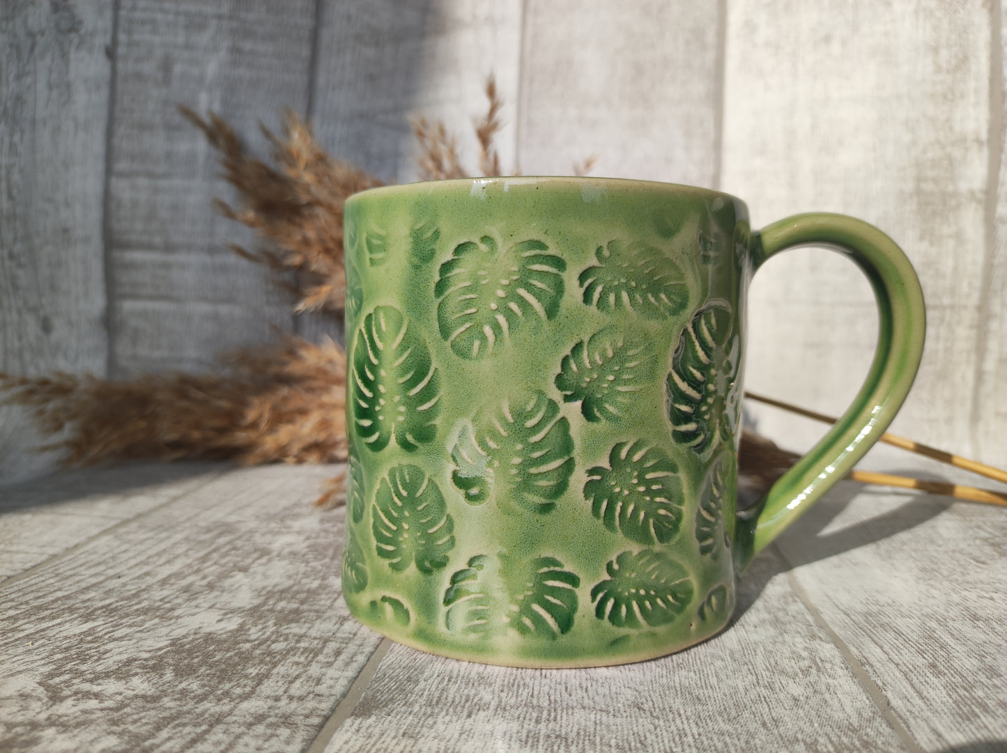 Handmade Green Monstera plant mug, 350ml