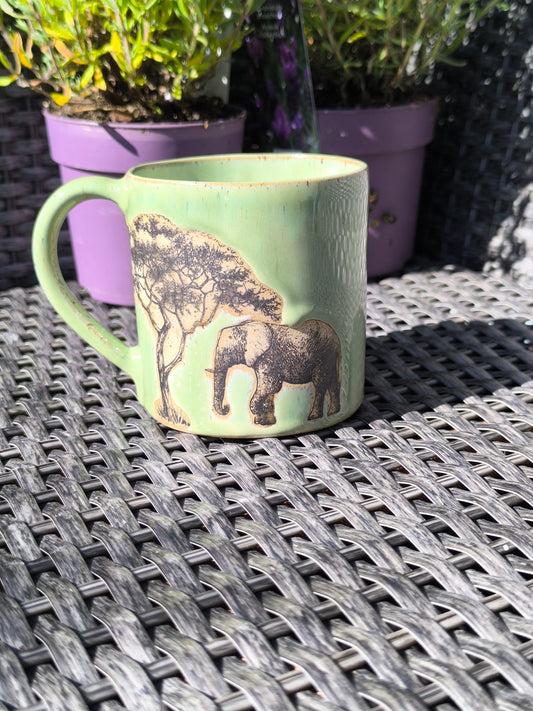 Handmade Green Elephant mug, 350ml