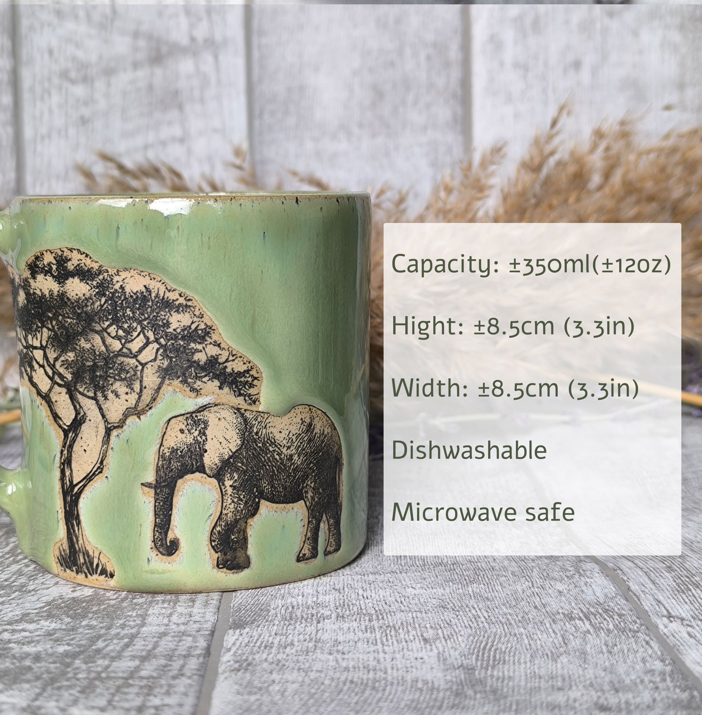 Handmade Green Elephant mug, 350ml