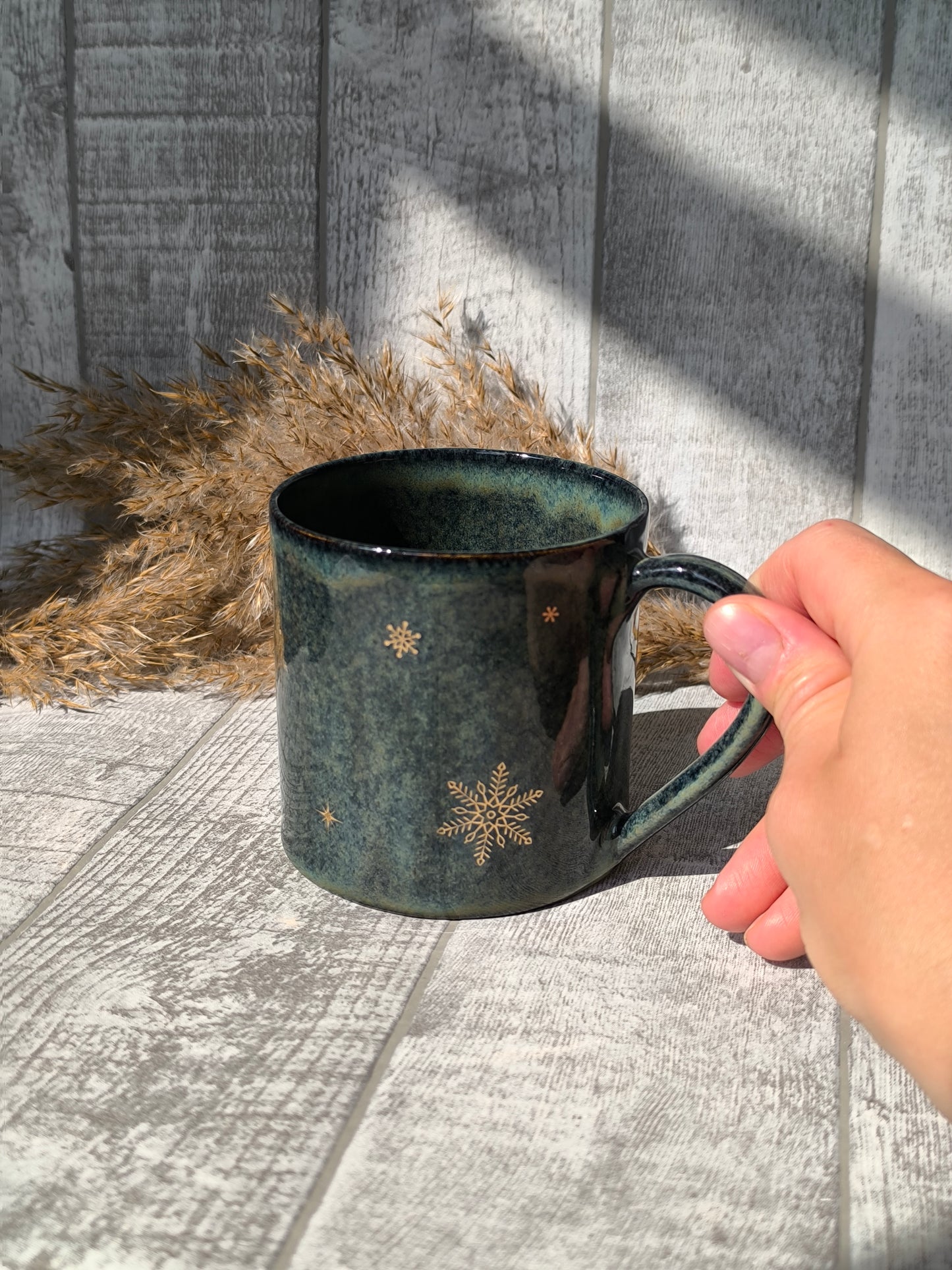 Handmade Golden snowflake mug, 350 ml