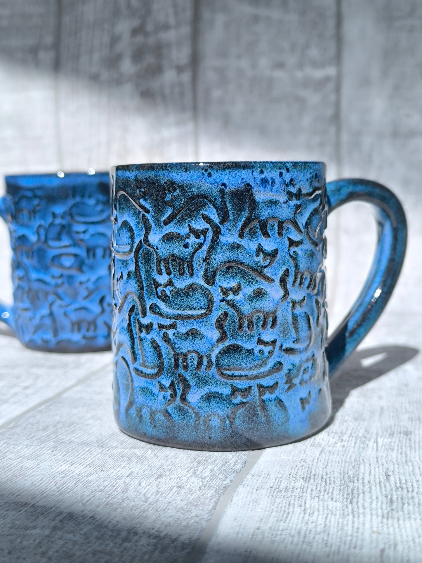 Handmade Cheeky Cats Blue mug , 250ml