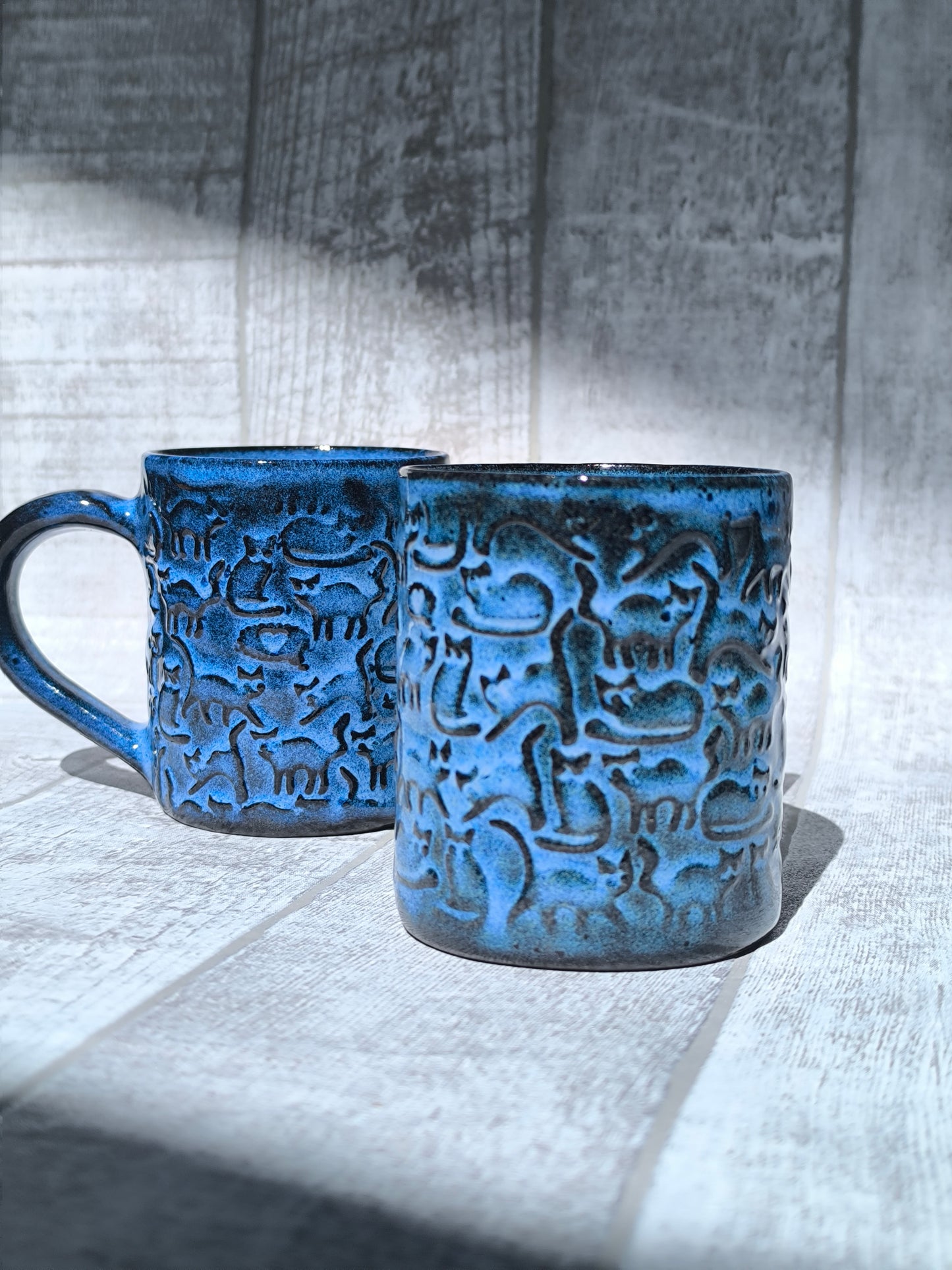 Handmade Cheeky Cats Blue mug , 250ml