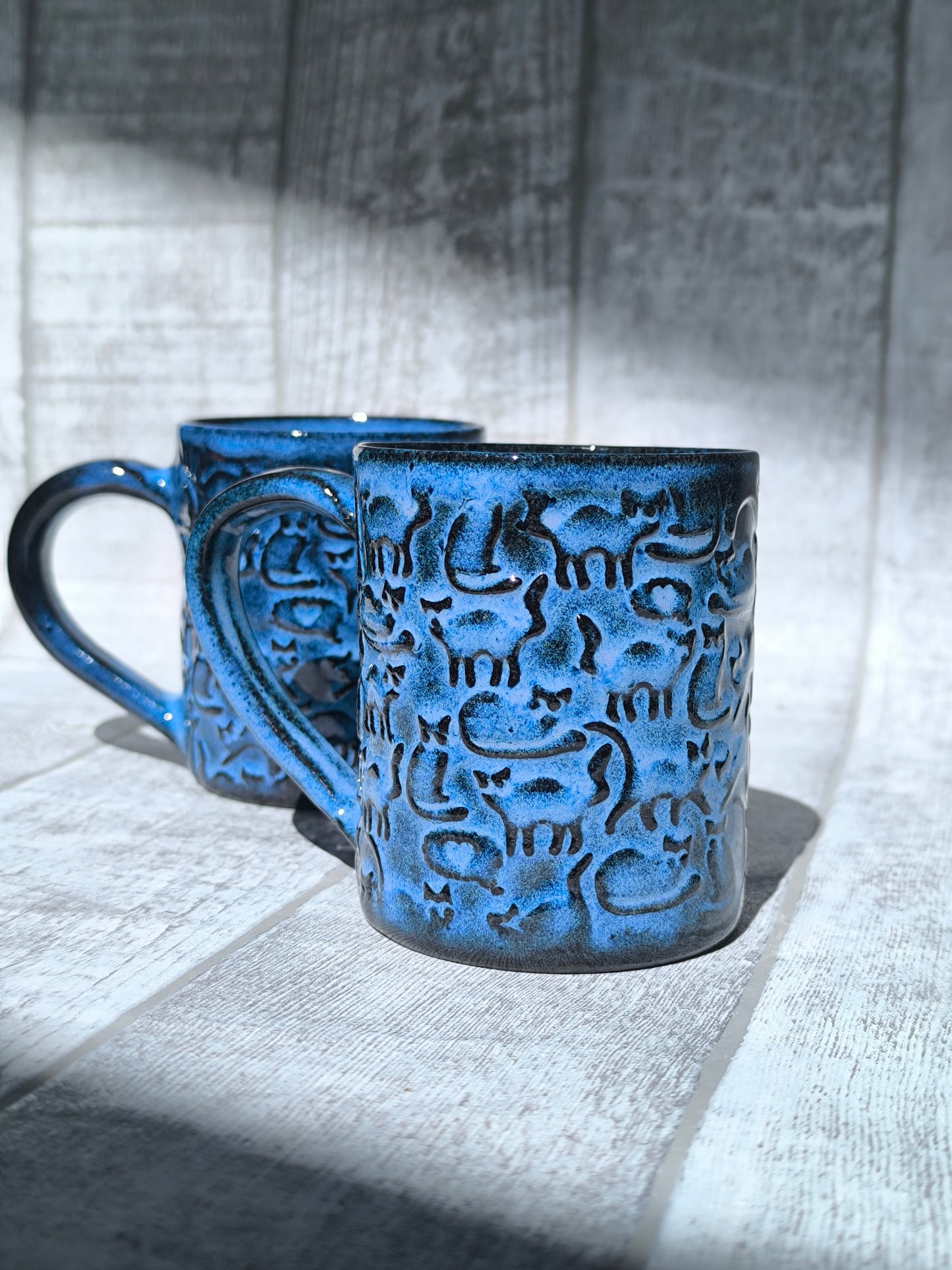 Handmade Cheeky Cats Blue mug , 250ml