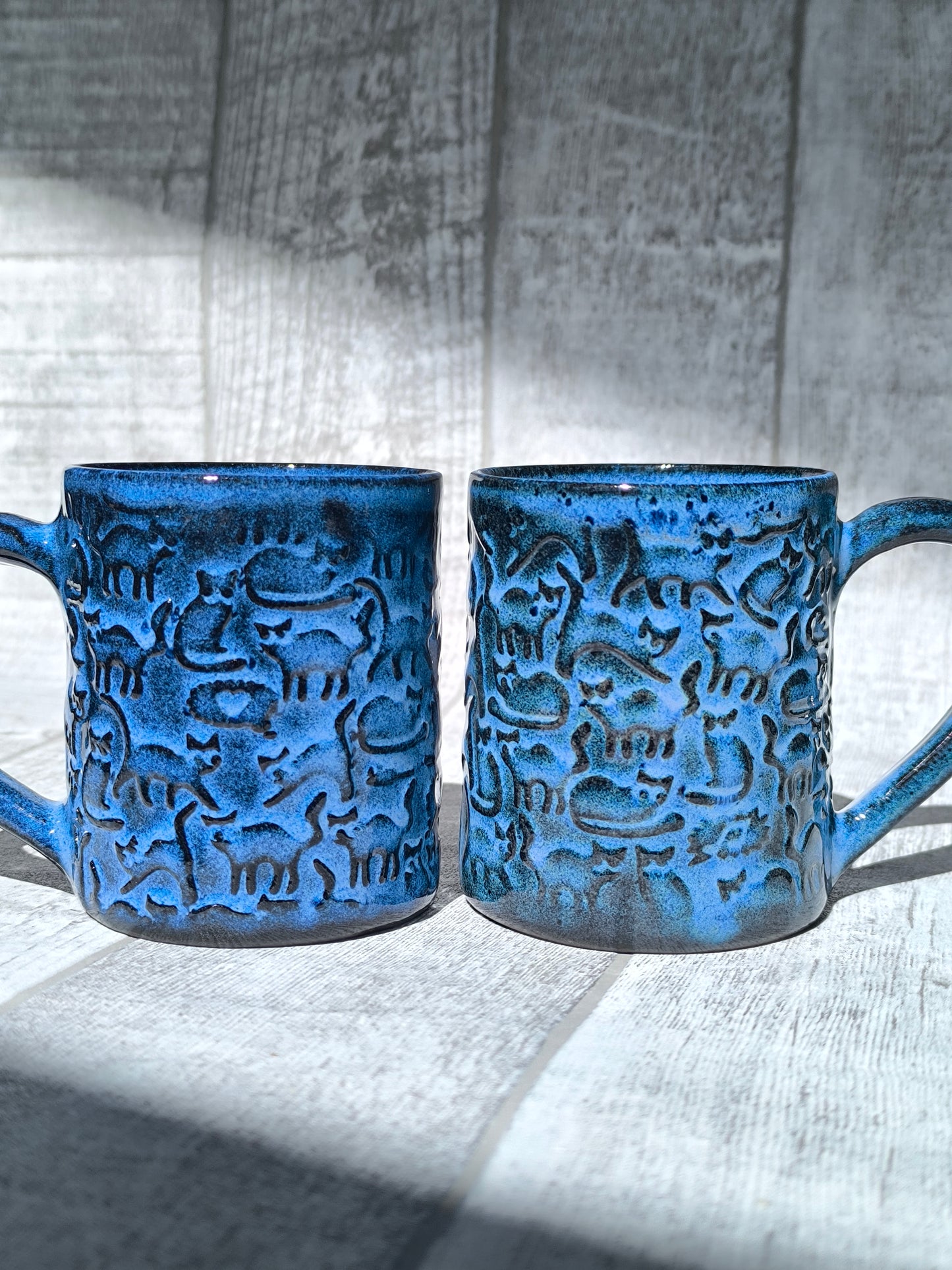 Handmade Cheeky Cats Blue mug , 250ml
