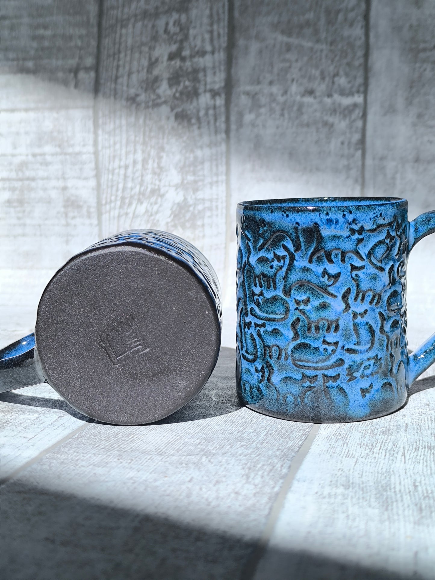 Handmade Cheeky Cats Blue mug , 250ml
